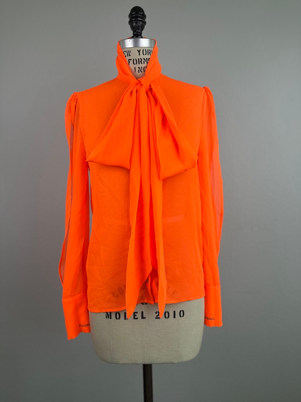Filles A Papa Orange Sheer Bow Tie Blouse Long Slit Open Sleeves Size S